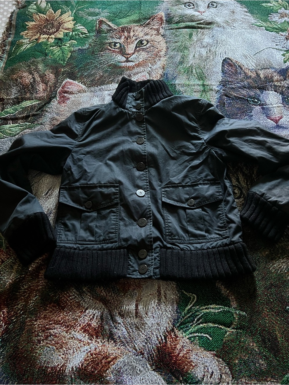 Burberry Black Button-Up Ribbed Hem Jacket